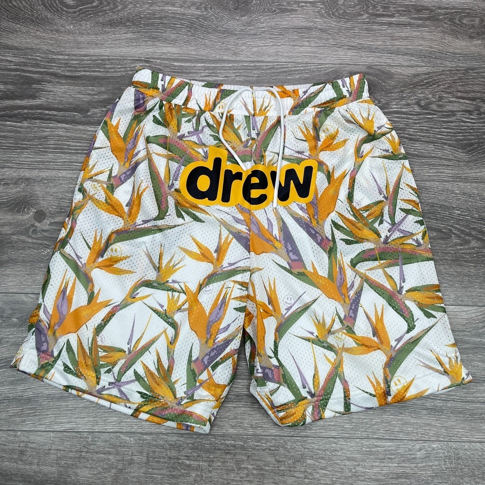 Drew House Shorts Mens Medium White Mesh Floral Bird Big Spell Out Justin Bieber
